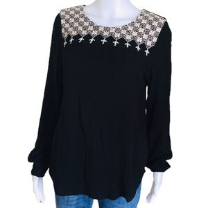 GAP Boho Embroidery Peasant Blouse With Long Sleeves Black/Ivory Size XS